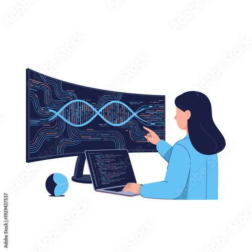 Scientist analyzing DNA sequence on computer screen with coding on laptop, science and technology concept