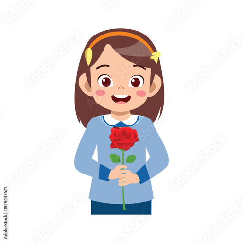 A cute little cartoon girl with a rose and a happy smile in a vector art illustration of childhood love