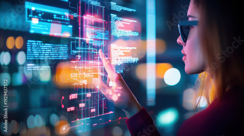 Woman interacting with futuristic digital interface, showcasing technology and innovation in modern setting