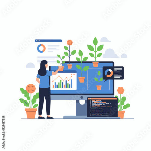 Woman nurturing plants growing from computer screen, symbolizing digital growth and data analysis