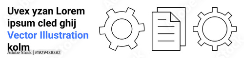 Gear and document graphic elements aligned horizontally suggest collaboration, automation, and process flow. Ideal for technology, engineering, workflow design, data management, productivity