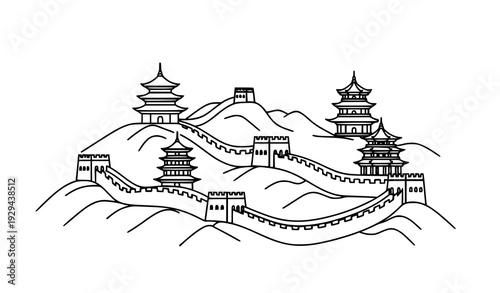Asian Pagodas and Great Wall Minimal Line Art Vector Illustration
