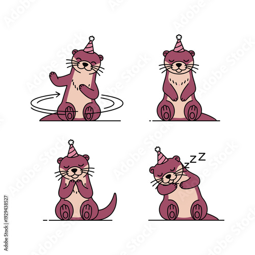 Cute cartoon otter in party hat sleeping with copy space