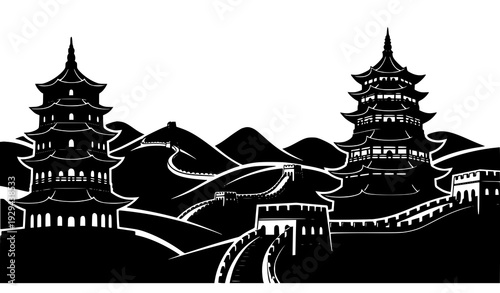 Traditional Asian Pagodas and Great Wall Silhouette Vector Illustration