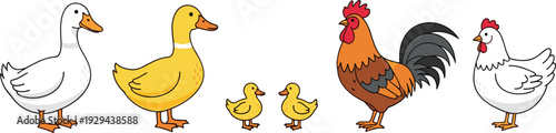 Cute Farm Animals: Duck, Chick, Rooster, and Hen in a Family Setting Illustration