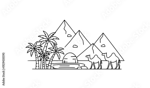 Desert Oasis Minimal Line Art Vector Illustration
