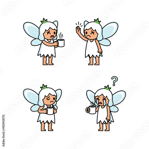 Cartoon fairy having trouble with coffee in various situations with confused expression