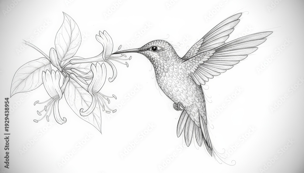 Obraz premium Elegant Hummingbird Feeding on Flower - Detailed Pencil Sketch