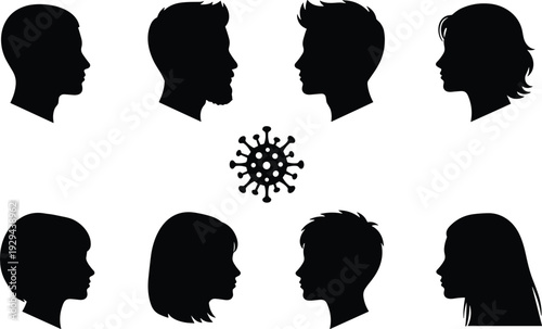 Human Profile Silhouettes with Virus Icon Illustration Representing Pandemic Spread, Infection Transmission, Public Health Awareness and Social Interaction Concept