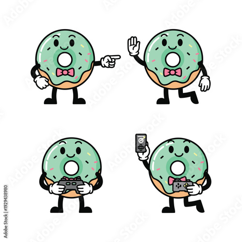 Cartoon macarons taking selfies and pointing in different directions with copy space