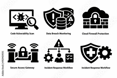 Cybersecurity icons: vulnerability scan, data breach, firewall, secure access, incident response