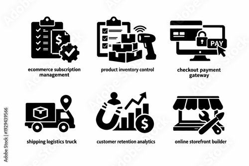 Ecommerce solutions icons: subscription, inventory, payment, shipping, analytics, storefront