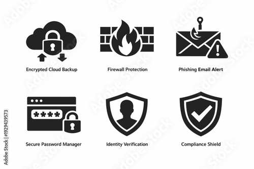Secure digital infrastructure icons: cloud backup, firewall, phishing alert, password manager, identity verification, compliance
