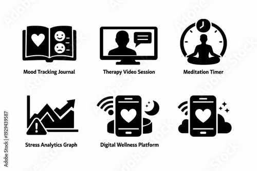 Digital wellness tools: mood tracker, therapy, meditation, stress analytics, digital platform
