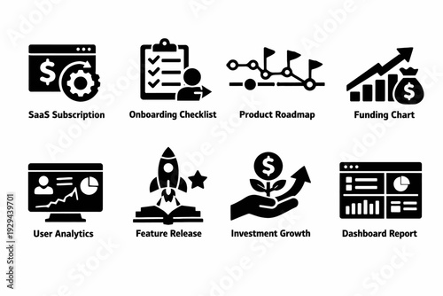 Icons representing saas subscription, checklist, roadmap, funding, analytics, release, growth, report