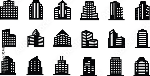 City building silhouette collection modern architecture skyscraper office tower vector urban construction real estate skyline icon set