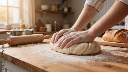 Hands kneading fresh bread dough on wooden table in cozy kitchen at sunrise and homemade baking concept