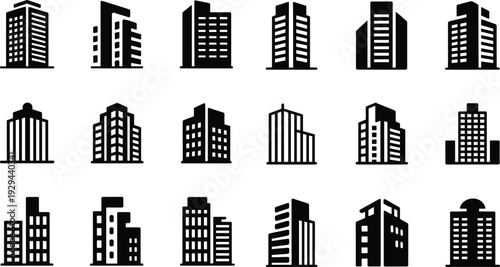 City building silhouette icon collection modern architecture skyscraper office tower vector urban construction real estate design set