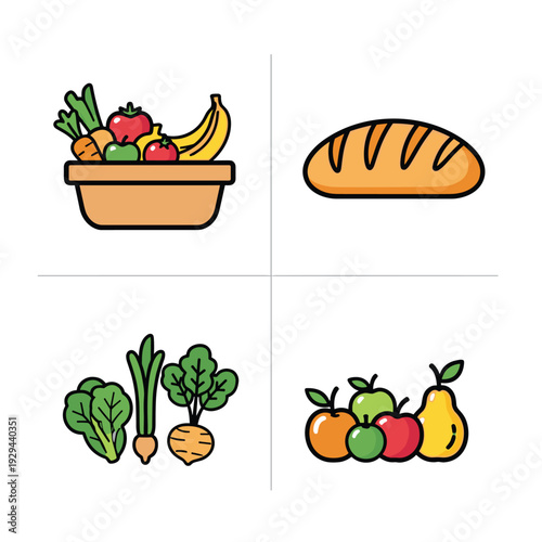 Colorful illustration of fresh produce, including fruits, vegetables, and bread, arranged in a grid.