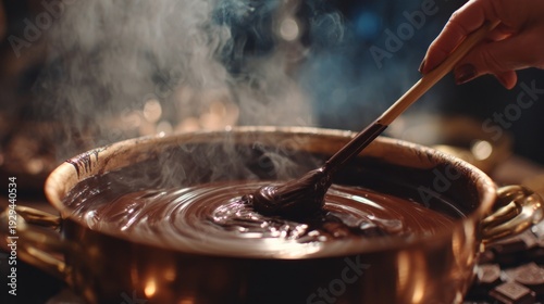 A close-up of a hand stirring a thick, rich pot of melted chocolate over a double boiler, steam rising gently,