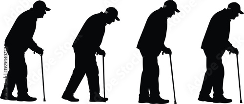 Elderly man walking with cane silhouette sequence, senior mobility aging concept vector illustration isolated
