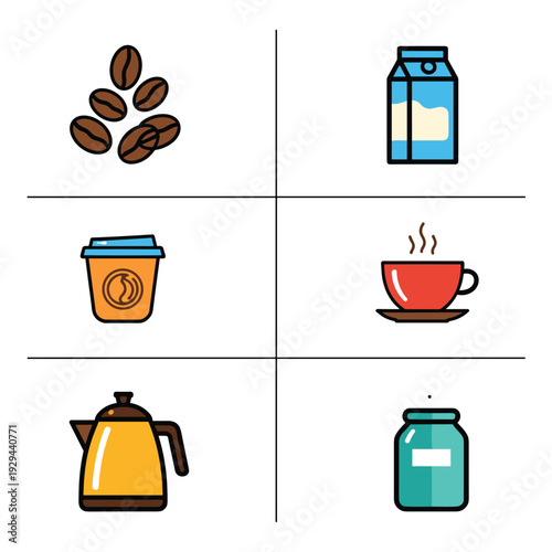 Coffee Preparation Elements - Beans, Milk, Cup, Kettle, and Jar.