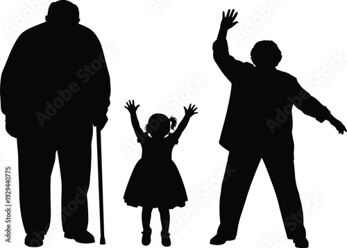 Grandfather father and daughter silhouettes, three generation family concept vector illustration isolated on white