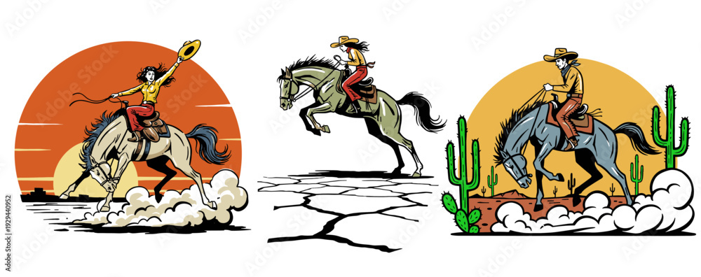 Obraz premium Western rodeo cowboy design. Cowgirl riding horse illustration. Wild west desert scene artwork. Vintage rodeo graphic print. Horse riding adventure po