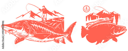 Fishing adventure artwork for apparel and poster. Big fish hunting design. Fisherman on mountain river graphic. Outdoor hobby and recreation illustrat