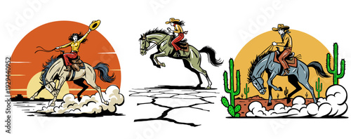 Western rodeo cowboy design. Cowgirl riding horse illustration. Wild west desert scene artwork. Vintage rodeo graphic print. Horse riding adventure po