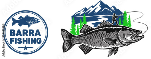 Fishing club artwork for t-shirt design. Mountain lake fishing adventure. Catch the big one. Outdoor recreation graphic. Fisherman vector illustration