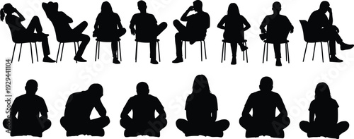 People sitting silhouettes collection, men and women seated poses vector illustration isolated on white