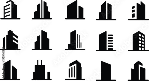 Minimal city building silhouette icon set modern architecture skyscraper office tower vector urban construction real estate design