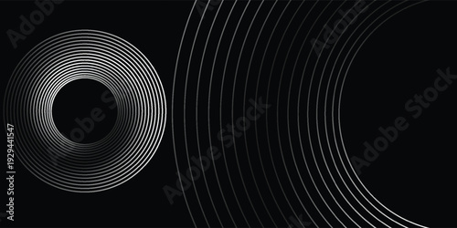 3D silver lines techno abstract background overlap layer on dark space with circles effect decoration. Modern graphic design element stripes style concept for web banner, flyer, card or brochure cover