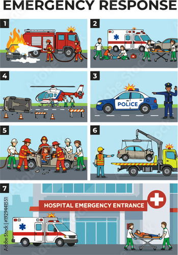 Emergency Response Infographic Set — Fire Truck, Ambulance, Police, Rescue Helicopter, Car Extrication, Tow Truck, and Hospital Emergency Entrance Flat Vector Cartoon