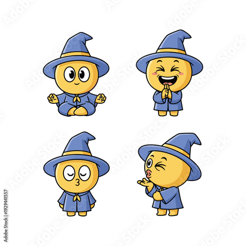 Cartoon wizard characters showing different emotions with blue robes and hats