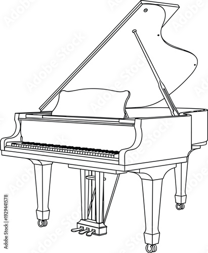 Elegant grand piano line drawing illustration, open lid keyboard pedals ornate legs wheels classical music instrument vector art design sketch