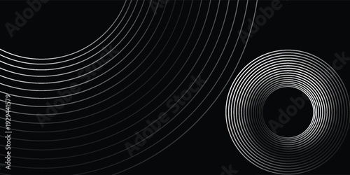 3D silver lines techno abstract background overlap layer on dark space with circles effect decoration. Modern graphic design element stripes style concept for web banner, flyer, card or brochure cover