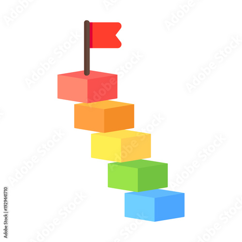 Colorful stairway layer block with red flag. Business, presentation, infographic, stage, process, goal, achievement, challenge concepts. Flat decorative vector design isolated illustration.