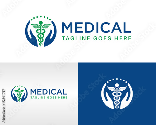 Medical Logo With Caduceus and Protective Hands Symbolizing Health Care and Wellness Branding