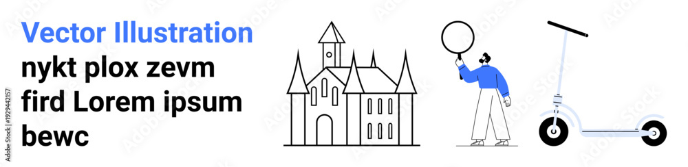 Obraz premium Simple castle with spires, person holding a balloon, and modern electric scooter. Ideal for urban mobility, leisure, travel, technology, historic themes, simplicity and a clean landing page