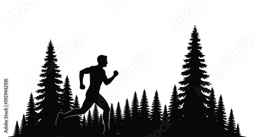 Man running through forest with tall pine trees silhouetted