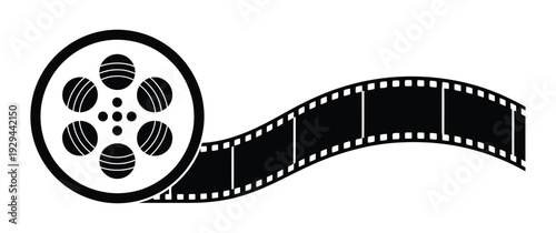 Black film reel icon with wavy strip on white background