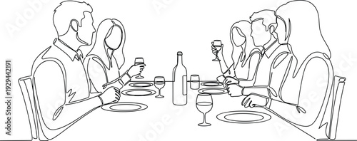 Group of people sitting around dining table, holding wine glasses, sharing food drink celebration social gathering dinner party vector illustration