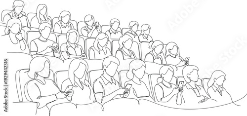 Line drawing of people in theater using smartphones, digital distraction illustration for technology, modern lifestyle, education, public communication, society - flavector