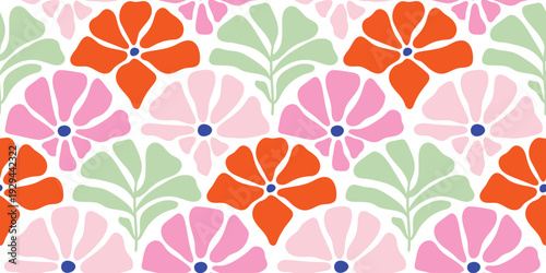 Spring summer floral seamless pattern vector with poppy flowers in orange and pink and green leaves. Cute repeat design for fabric, wallpaper, wrapping paper, and packaging.