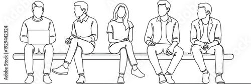 Line drawing of people sitting on bench with laptop and conversation, minimalist social interaction illustration for public space, education, lifestyle - flavector