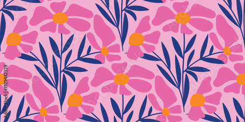 Spring summer daisy floral seamless pattern vector with pink flowers and navy leaves. Cute repeat design for fabric, wallpaper, wrapping paper, and branding.