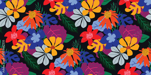 Spring summer floral seamless pattern vector with bright flowers on dark navy background. Vibrant repeat design for fabric, wallpaper, wrapping paper, and home decor.