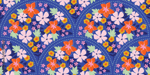 Spring summer wildflower seamless pattern vector with tiny blossoms on navy blue background. Colorful repeat design for fabric, wallpaper, wrapping paper, and stationery.
